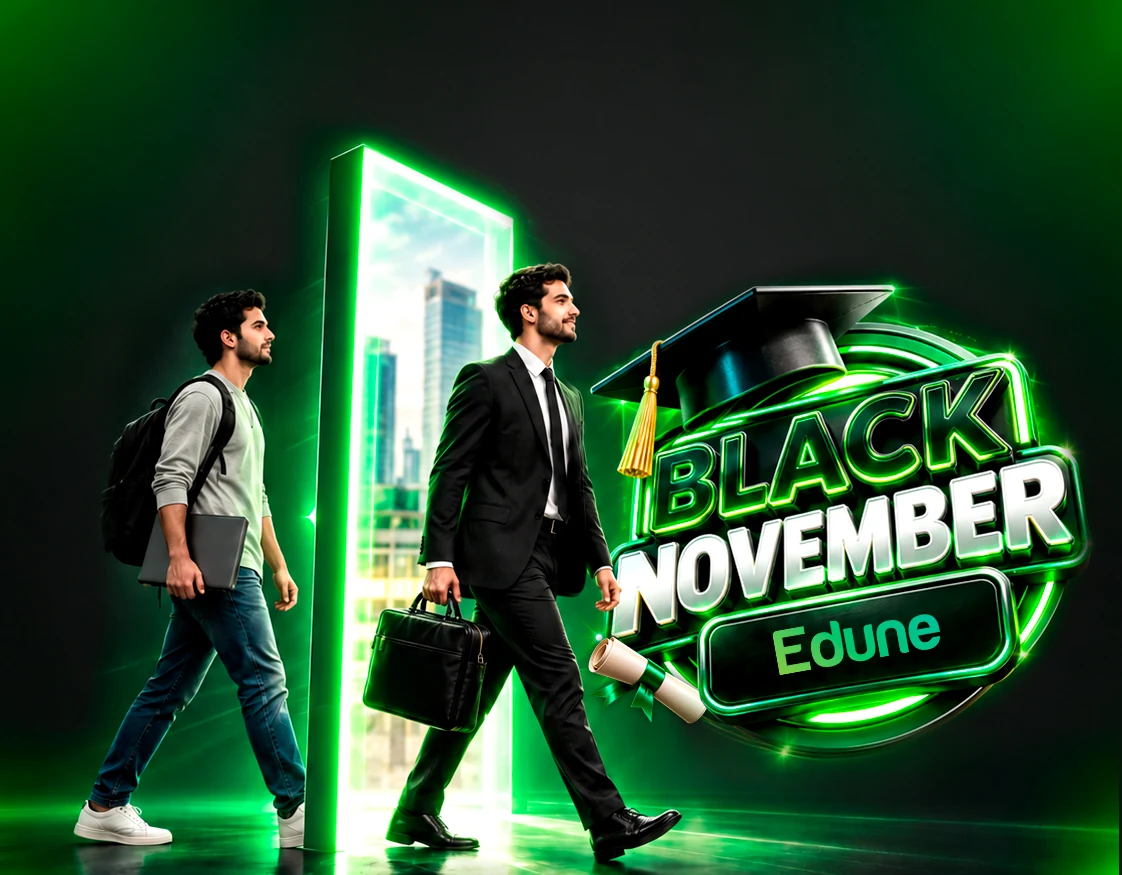Dois profissionais seguem em direção a um portal iluminado em verde na campanha Black November Edune