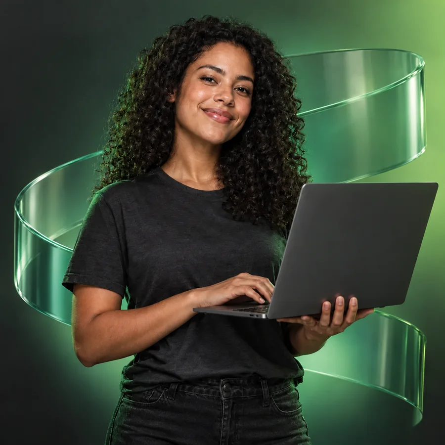Estudante com notebook em uma composição de livros e formas verdes