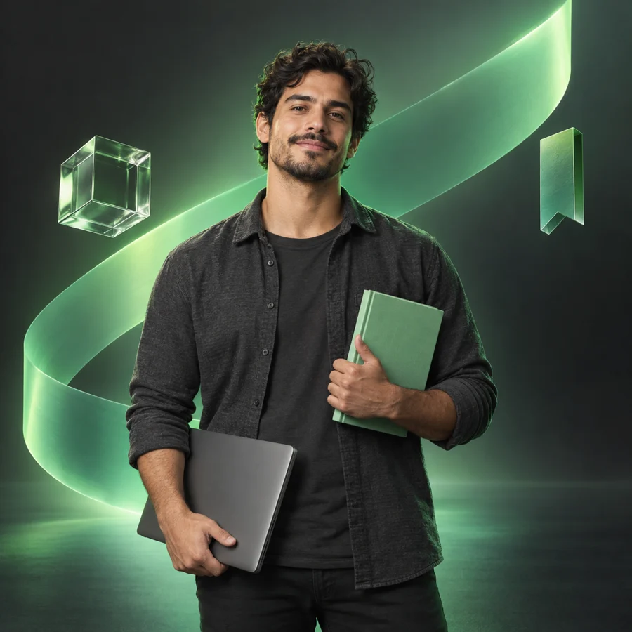 Estudante com livro e notebook em uma composição de formas verdes