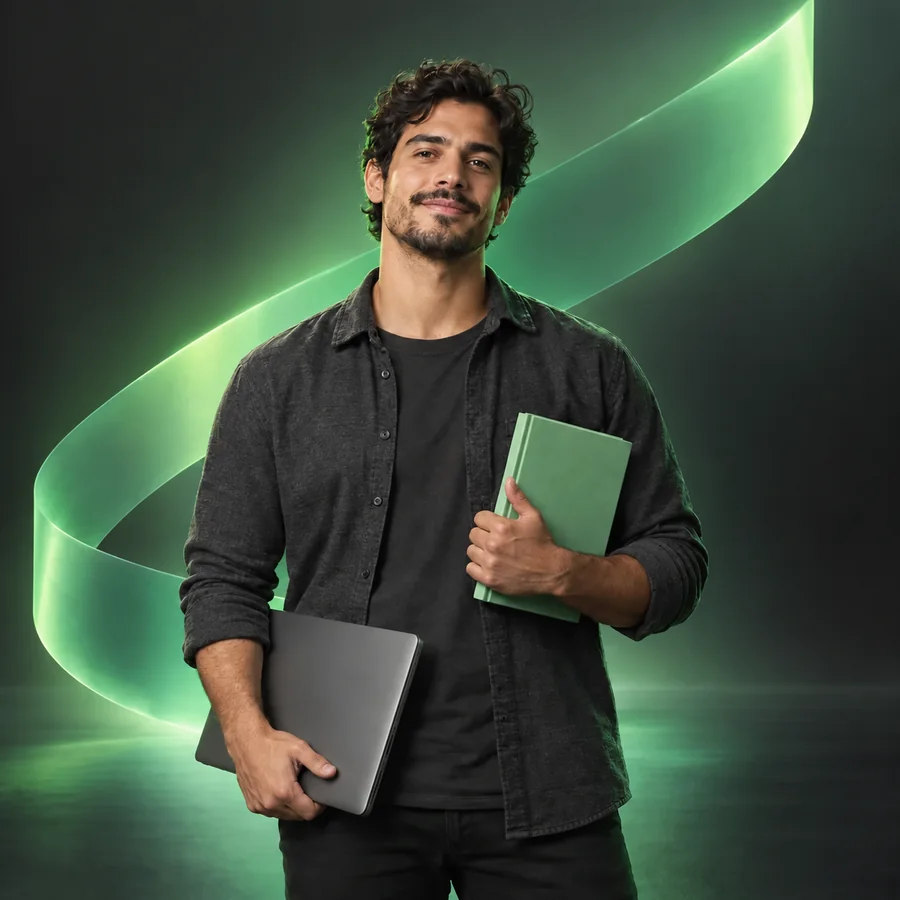 Estudante com livro e notebook em uma composição de formas verdes