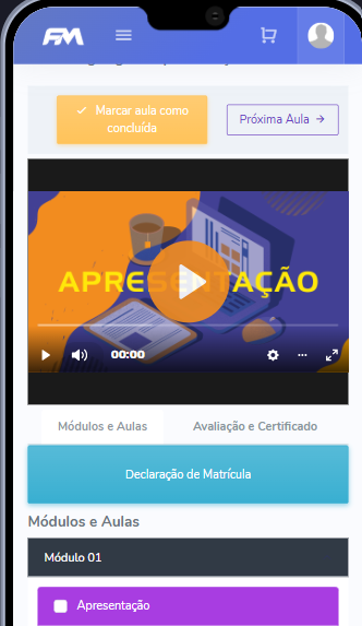 Primeira aula no celular, com o botão Declaração de Matrícula abaixo do vídeo