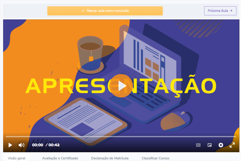 Primeira aula no computador, com a aba Declaração de Matrícula abaixo do vídeo