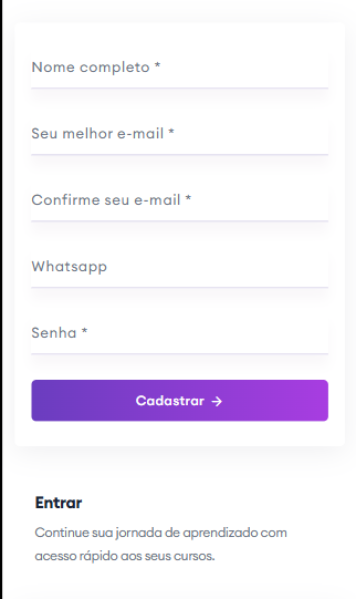 Tela de cadastro da Master Educar com campos de nome, e-mail, WhatsApp e senha