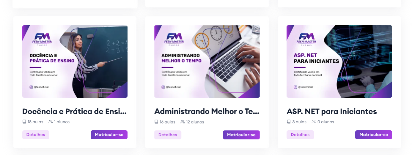 Exemplos de cursos da Master Educar com os botões Matricular-se