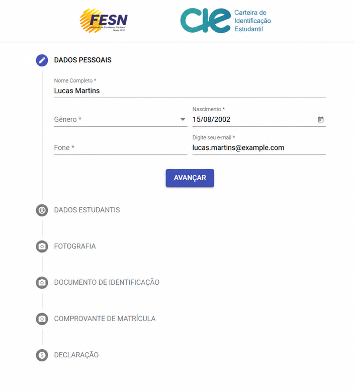 Exemplo fictício do cadastro FESN com as etapas de dados pessoais, fotografia, identificação e comprovante de matrícula