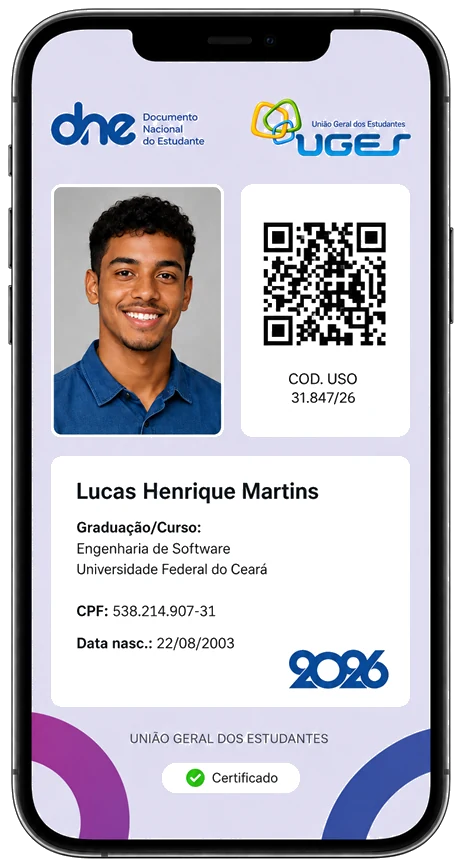 Exemplo ilustrativo do Documento Nacional do Estudante digital da UGES exibido em um telefone