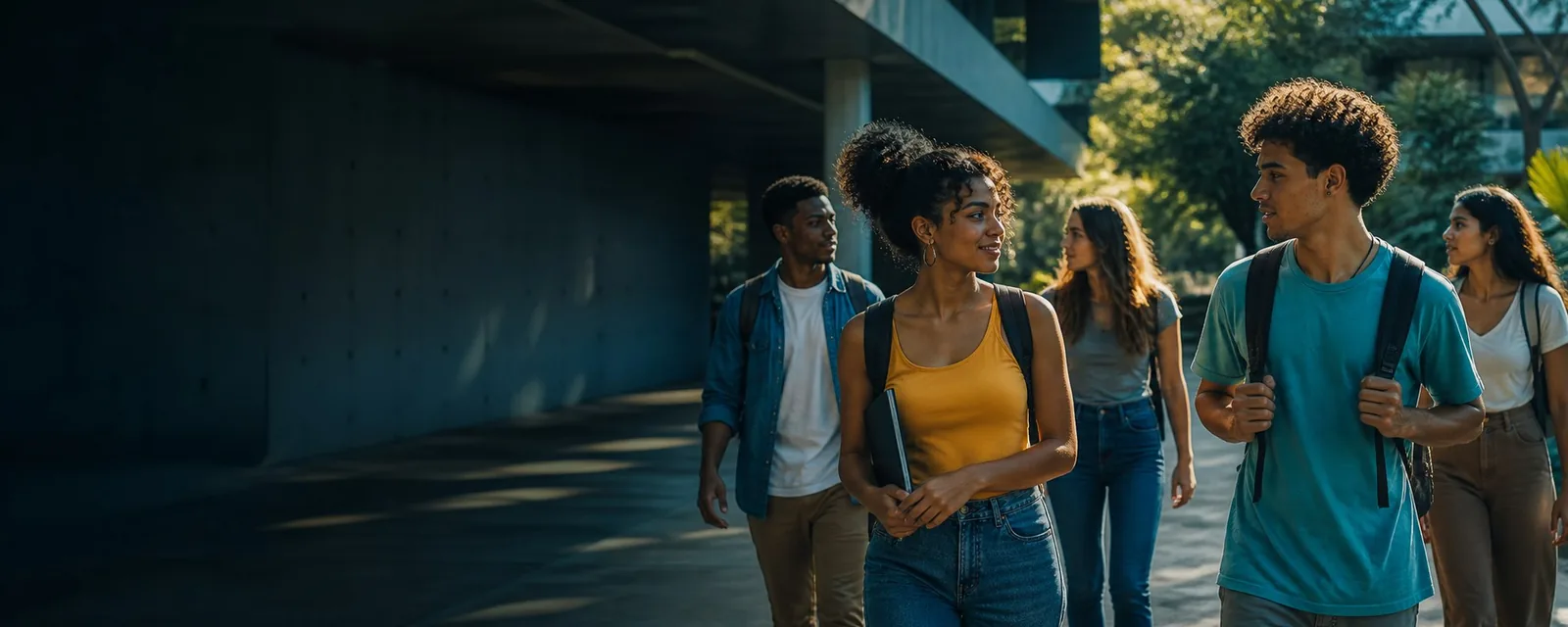 Grupo diverso de estudantes caminhando junto em um campus