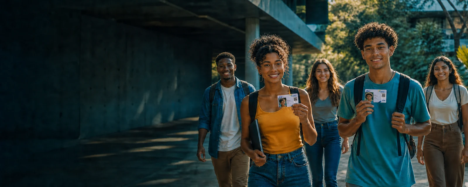 Estudantes em um campus mostrando suas carteirinhas DNE da UGES
